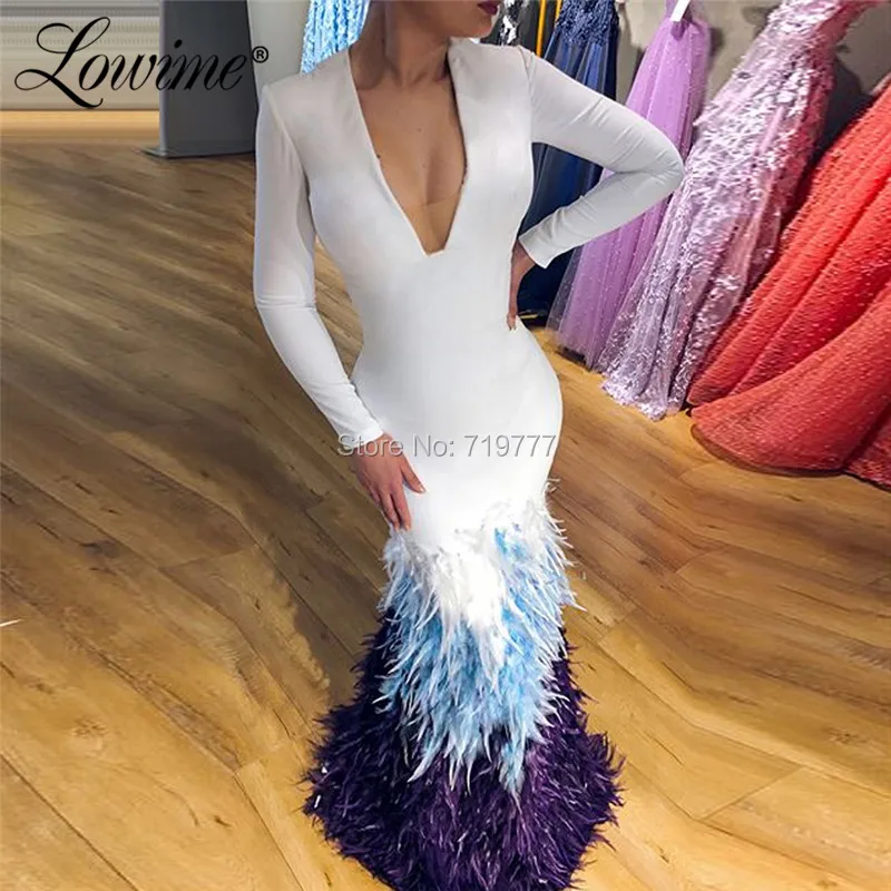 Африканское вечернее платье из перьев белые вечерние платья-русалки Robe De Soiree торжественное платье платья на выпускной в арабском стиле с v-образным вырезом Vestido