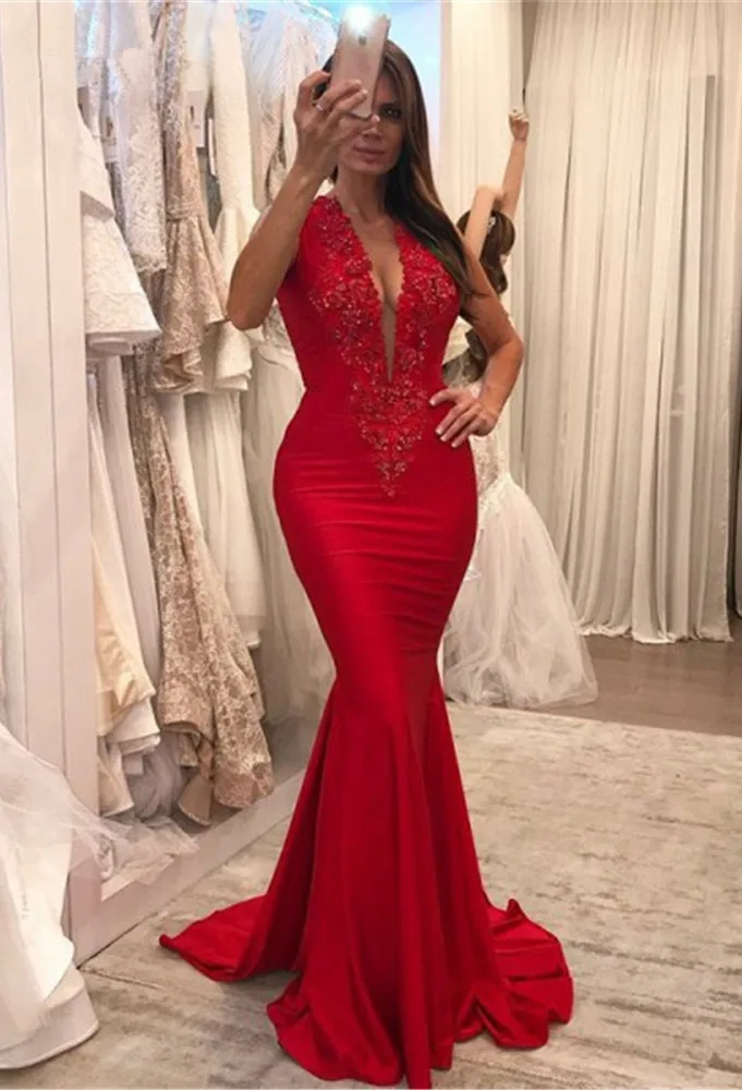 

Wonderful Red Mermaid Deep V Neck Evening Dress 2019 Elastic Satin Chic Beaded Appliques Long Formal Dresses Custom Made