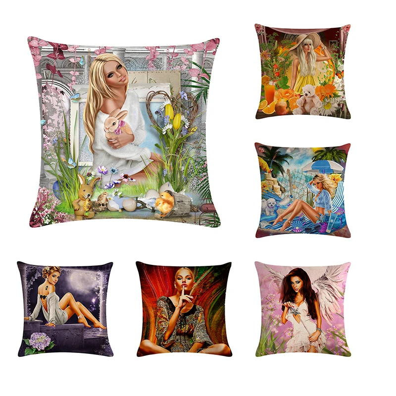 

Чехол для подушки с красивой девушкой, цветочный чехол для подушки, хлопковая льняная Подушка 45*45 см, чехол для подушки, домашний декоративн...