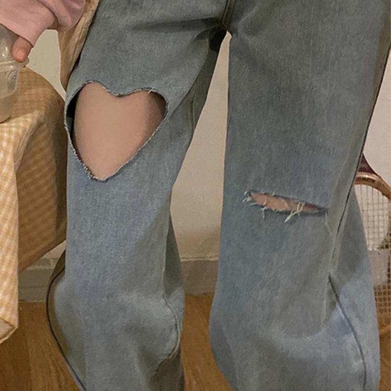 

Niche Design Pants Women Jeans Love Ripped Straight-leg Autumn Vintage High-waisted Loose Wide-leg Daddy Pants Hearts Shape Jean