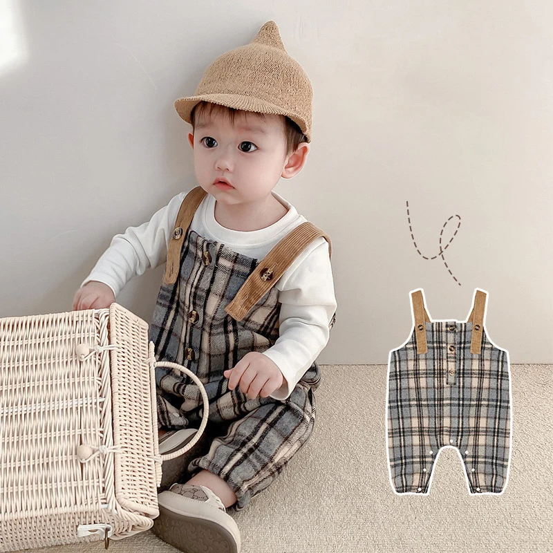 

Baby Plaid Bib Pants Pure Color T-shirt Two-Piece Set