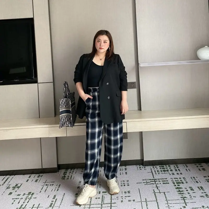 

По сравнению с Размеры женские Подрезанные штаны Свободные штаны в клетку с широкими штанинами городской уличной Лето мешковатые штаны эст...