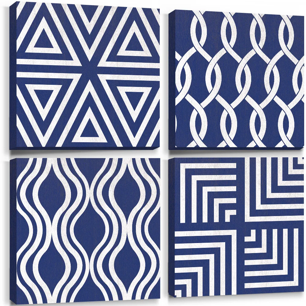

Geometric Wall Art Boho Canvas Painting White Blue Lines Posters for Nordic Bedroom Living Room Abstract Home Decor Pictures