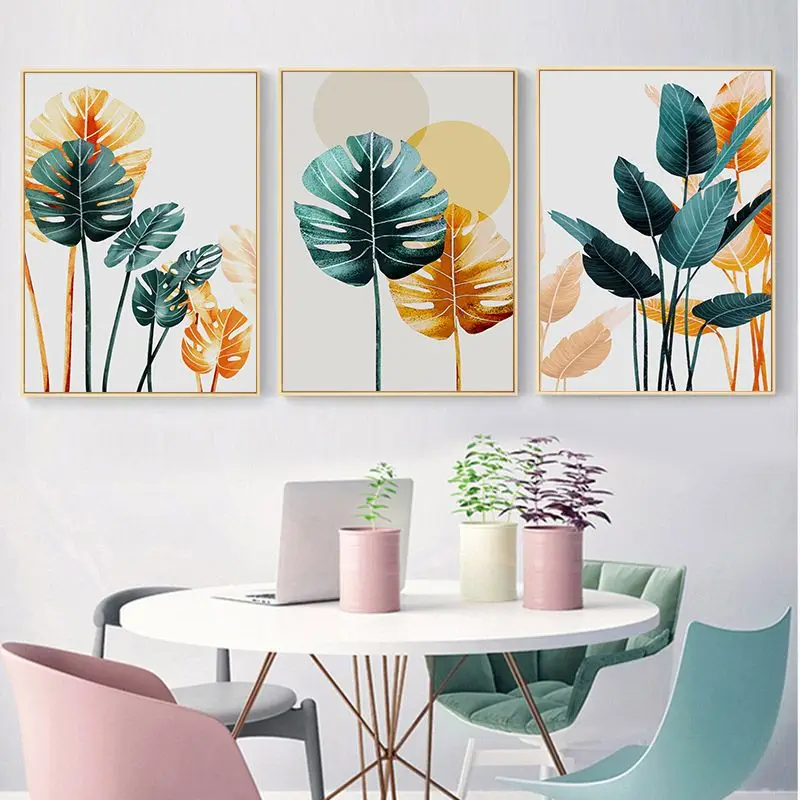 

Nordic Plants Decorative Painting Golden Green Leaves Poster Paints Canvas Art Landscape Home Office Wall Decor Printed Photos