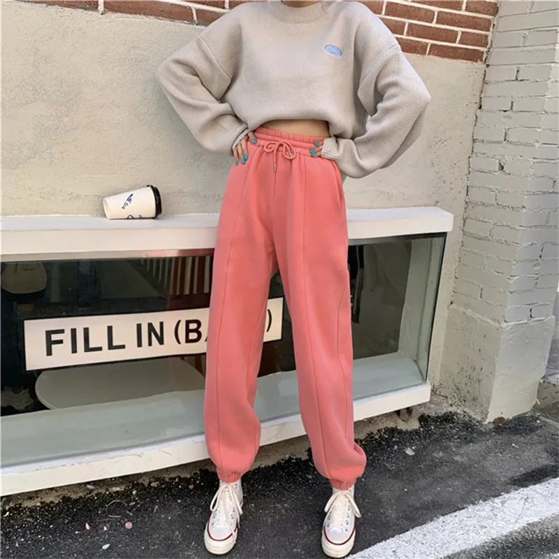 

Уличная одежда, зимние шаровары для женщин, плотные теплые спортивные свободные розовые однотонные брюки, женские черные спортивные штаны ...