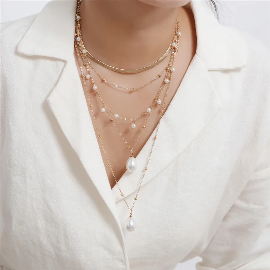 

European And American Mix And Match Multiple Imitation Pearl Women's Necklaces Gothic Baroque Pearl Tassel Multilayer Necklace