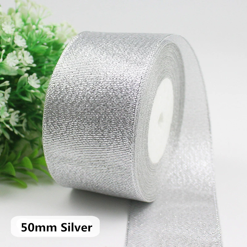 Лента атласная золотистая/серебристая с блестками 25 ярдов