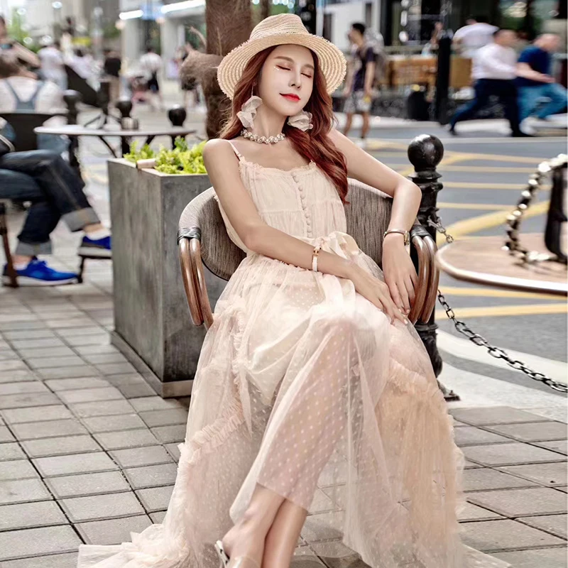 

GALCAUR Apricot Dress For Women Square Collar Sleeveless High Waist Patchwork Bowknot Lace Up Sweet Elegant Dresses Female 2021