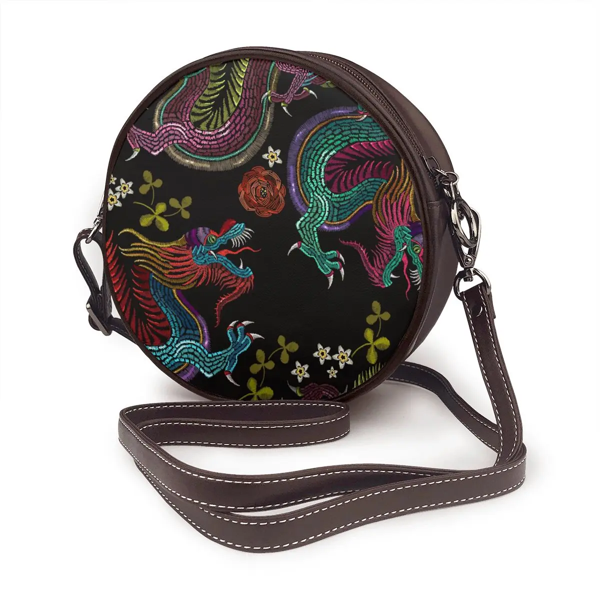 

Винтажная сумка-мессенджер с вышивкой, круглая кросс-боди для сотового телефона с драконами и цветами, Модный повседневный женский кошелек