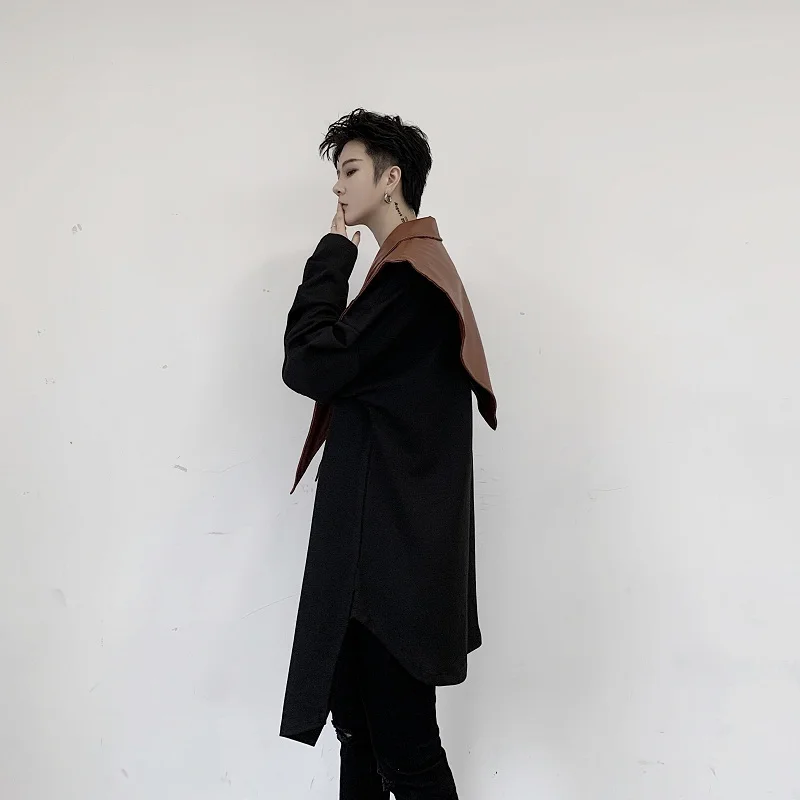 EWQ / men's wear 2020 vintage spring new Double-deck Lining Irregular Niche Long Sleeve T-shirt black round collar tops 9Y1010 | Мужская