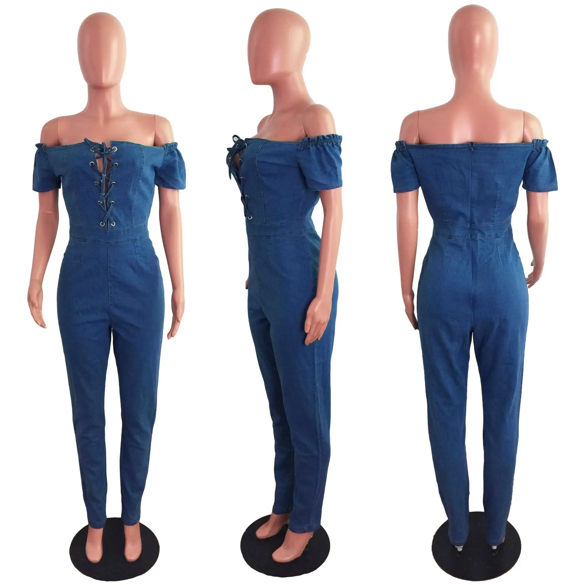

Mandylandy Denim Jumpsuits Summer Short Sleeve High Waist Bandage Slash Neck Jumpsuits Women Solid Color Slim Lace Up Jumpsuits