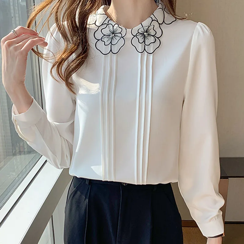 

New Chiffon Shirt Embroidered Bow Bubble Sleeve Women's White Long Sleeve Tops and Blouse Fashion Elegant Clothing Solid 1570