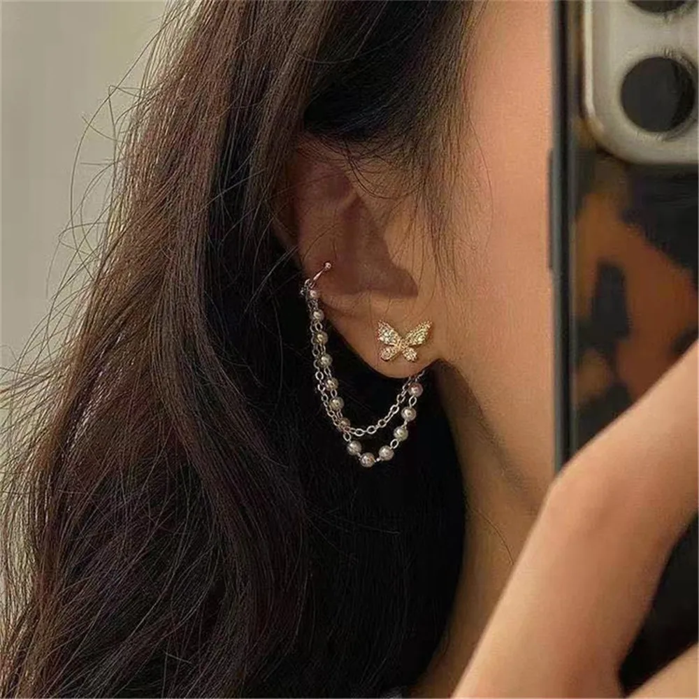 Жемчужная цепочка в виде бабочки стильная серьга-клипса для ушей длинные