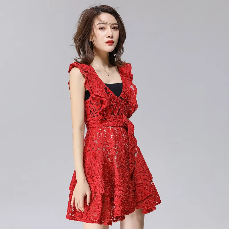 

Yumever20 red full lace embroidery heavy industry tuxedo new waist bow and Ruffle Dress
