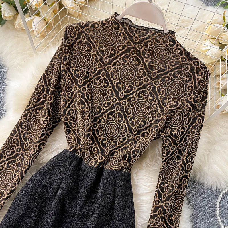 Женское облегающее платье с длинным рукавом длинная юбка оборками и высокой