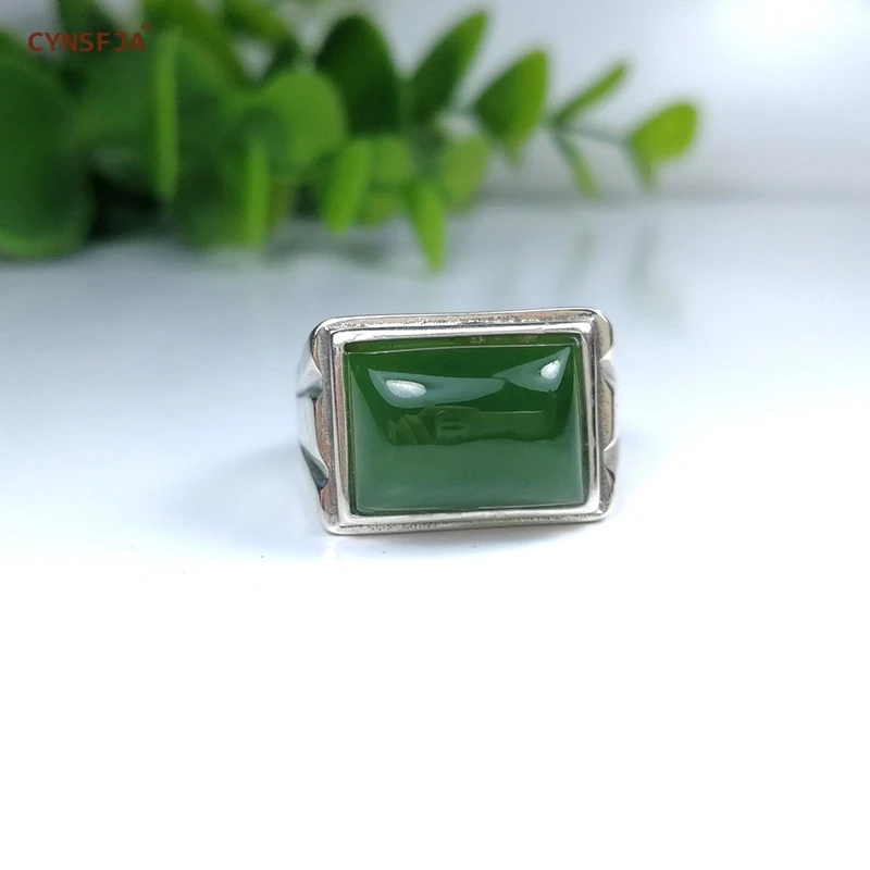 

CYNSFJA Real Certified Natural Jasper Nephrite 925 Sterling Silver Men's Lucky Amulets Green Jade Ring High Quality Resizable