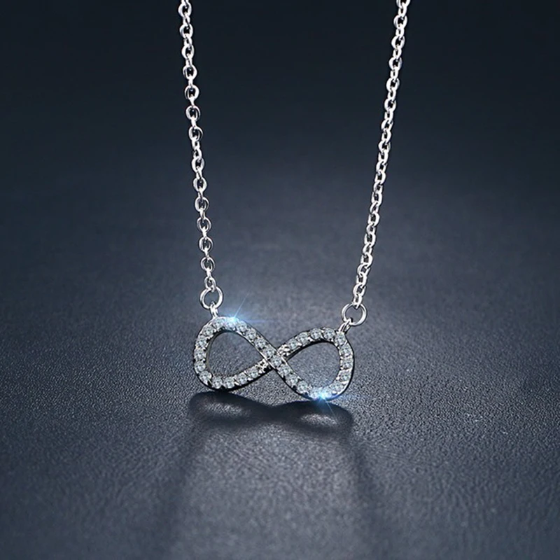 Чистый титан Блестящий AAA CZ Бесконечность Кулон серебряный цвет Lucky 8 ожерелье для