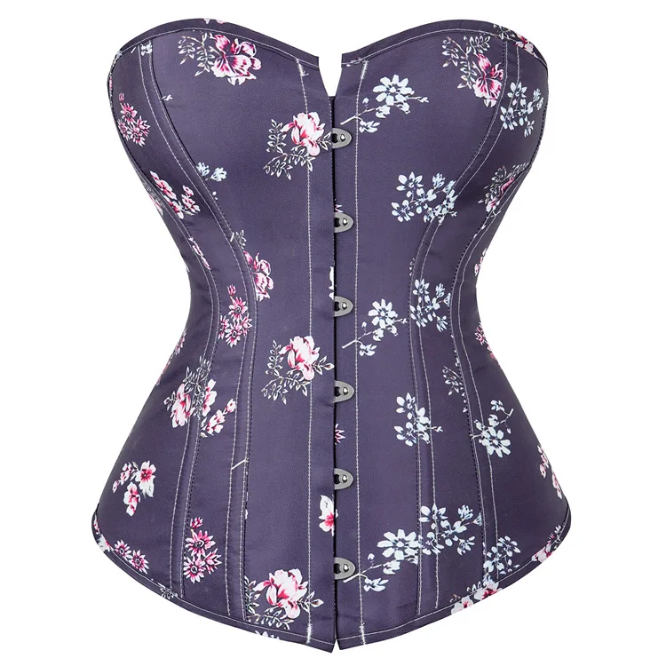 Fashion Corset Women's Vintage Floral Denim Corset Bustie Overbust Burlesque Sexy Lingerie Top Waist Cincher Body Shaper Blue