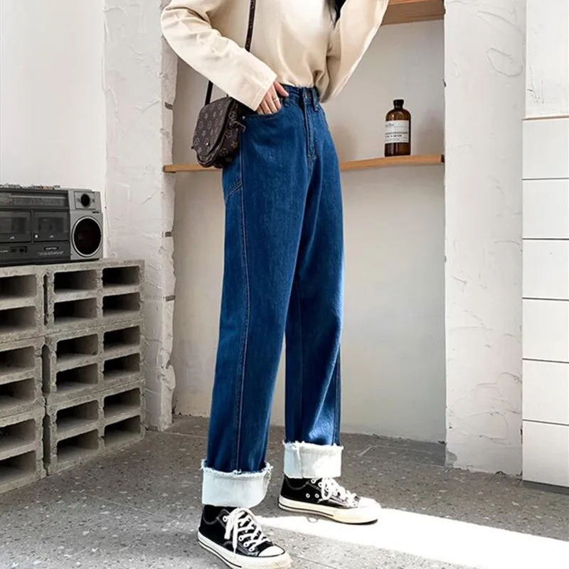 

Женские джинсы с высокой талией, одежда из денима с широкими штанинами, синяя уличная одежда, винтажные Качественные прямые брюки в стиле Ха...