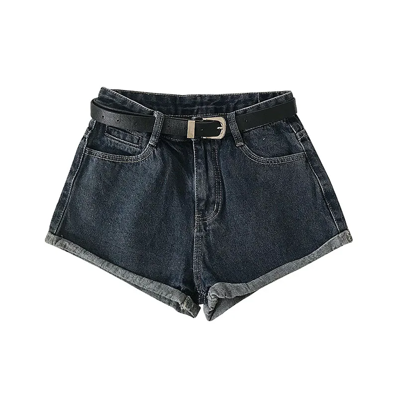 

Hemming denim super shorts women summer new Korean simple high waist wide leg pants hot pants with belt