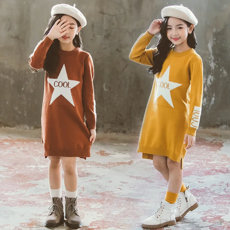 

Girls Autumn Winter star pentagram Sweater long Dresses Baby Bottom Casual teenager Kids Princess Dress 6 7 8 9 10 11 12 years