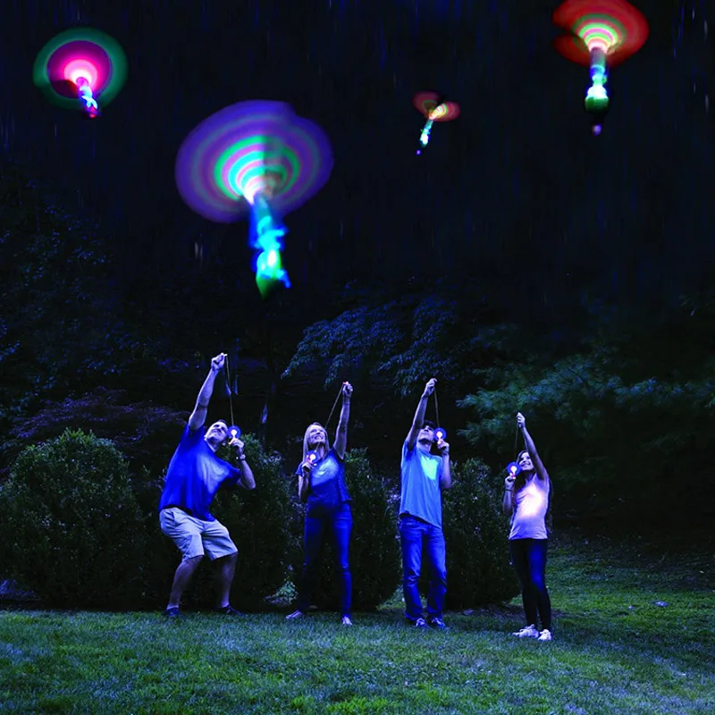 Bamboo Dragonfly with light Shooting Rocket Flying parachute Sky UFO Outdoor night game toy for kid children with LED slingshot