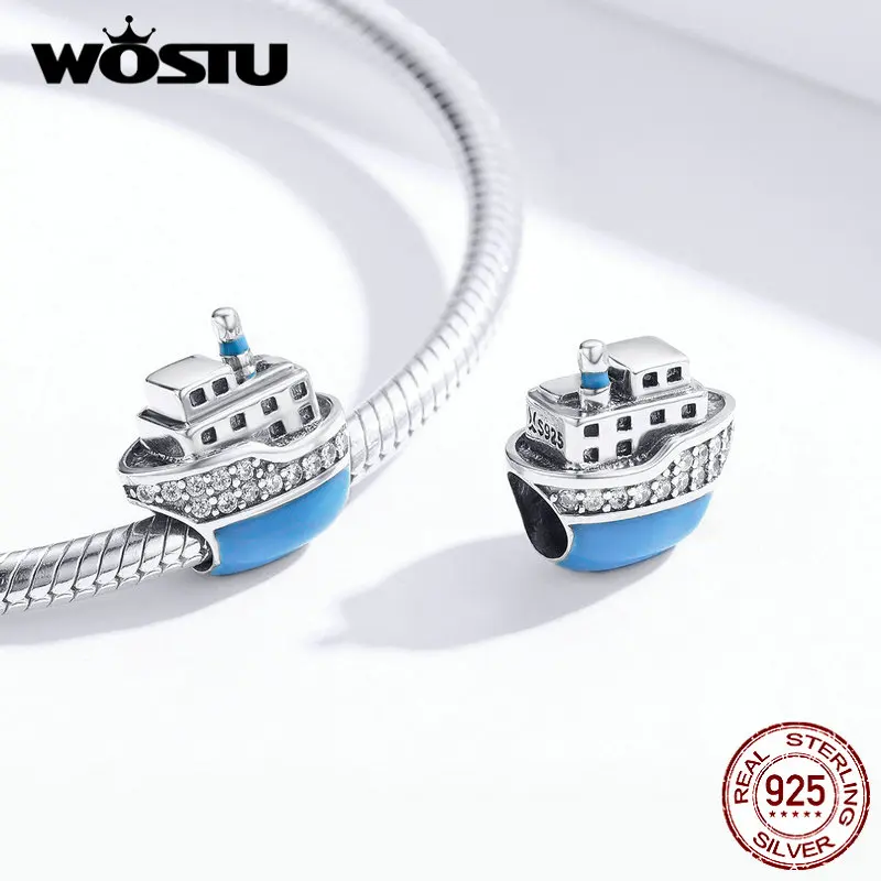 WOSTU 925 пробы Серебряный Круизный корабль голубой бисер циркония талисманы подходят браслет ожерелье Роскошные ювелирные изделия CQC1379
