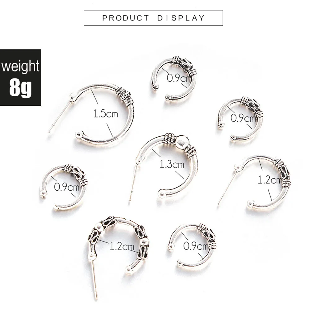 

Retro bohemian style creative new product size C-shaped earrings 8-piece set of earrings jewelry female erzhui accessories