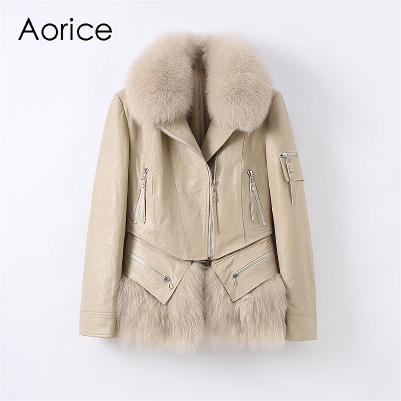 

Aorice Women Genuine Sheep Leather Coat Jacket Female Girl Winter Real Fox Fur Jackets Parka OverCoats CT130