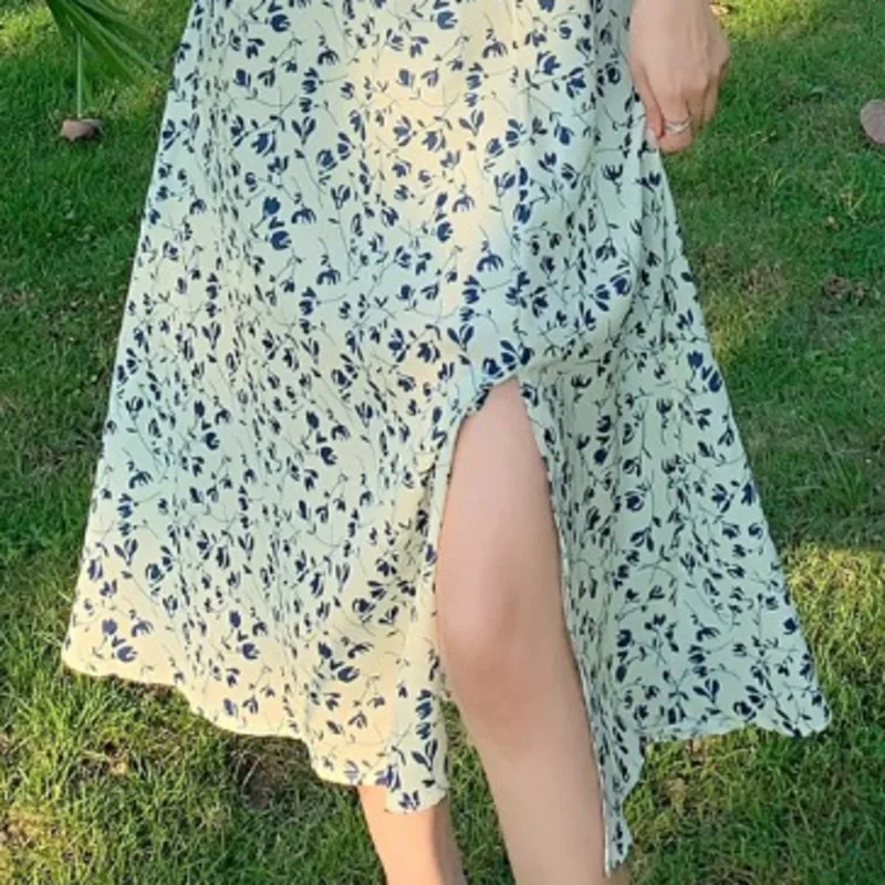 

Floral Print Dress For Women Party French Vintage Retro Casual Split Midi Sexy Chiffon Dresses Summer 2021 Vestido De Mujer
