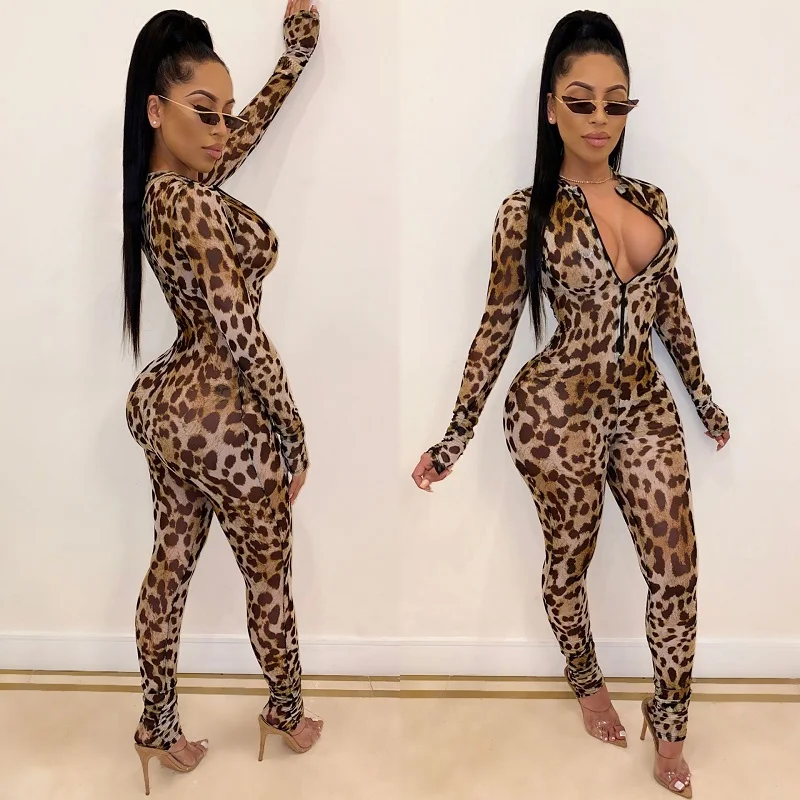 Классический сексуальный комбинезон с леопардовым принтом женские облегающие