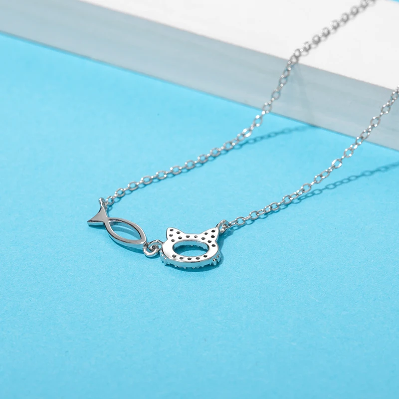 ?? Lanmi女の子チョーカーS925スターリングシルバー猫 & 魚の愛モアッサナイトペンダントネックレス女性のバレンタインジュエリーギフト