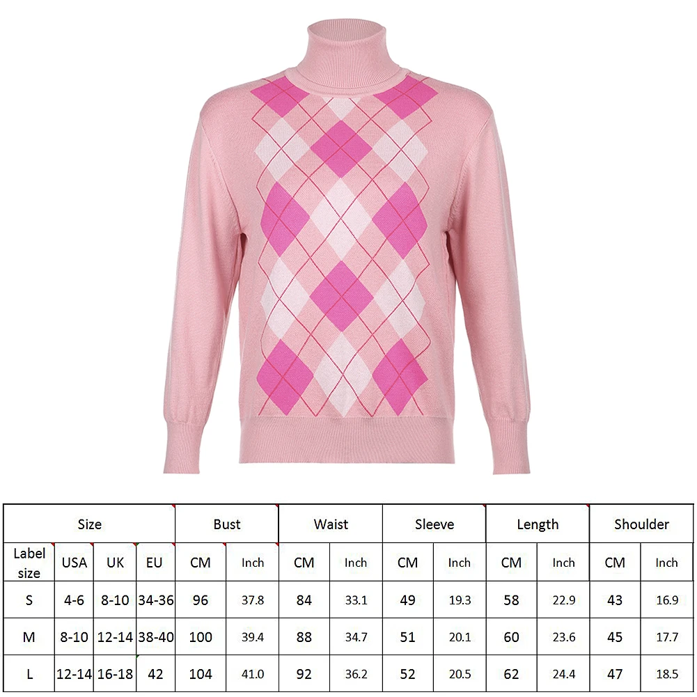 

Sweet Pink Argyle Y2K Knit Sweater Casual Knit Turtleneck Jumper Women Preppy Style Long Sleeve Pullover Knitwear