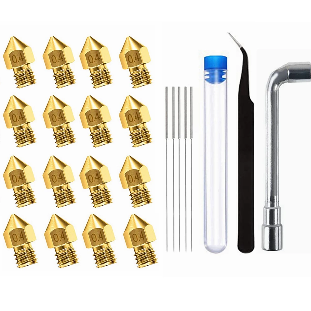 

16pcs 3D Printer 0.4mm MK8 Nozzle 1.75mm 5pcs 0.4mm Cleaning Needles with StorageTube 1pc 6mm Spanner & 1pc Tweezer