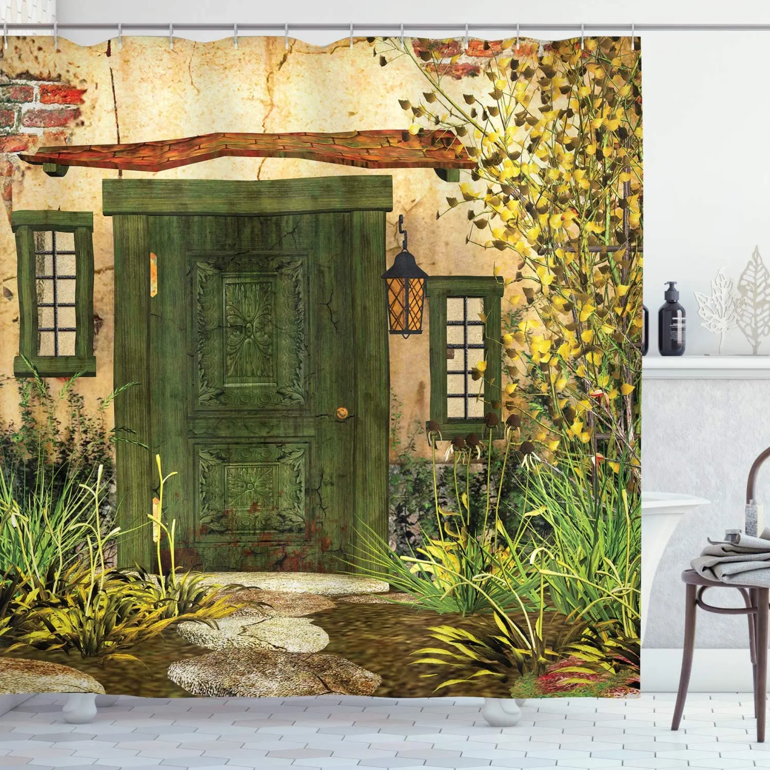 

Cottage Door Overgrown Bushes Grass Tree Garden Brick Fairy Tale Countryside, Cloth Fabric Bathroom Décor