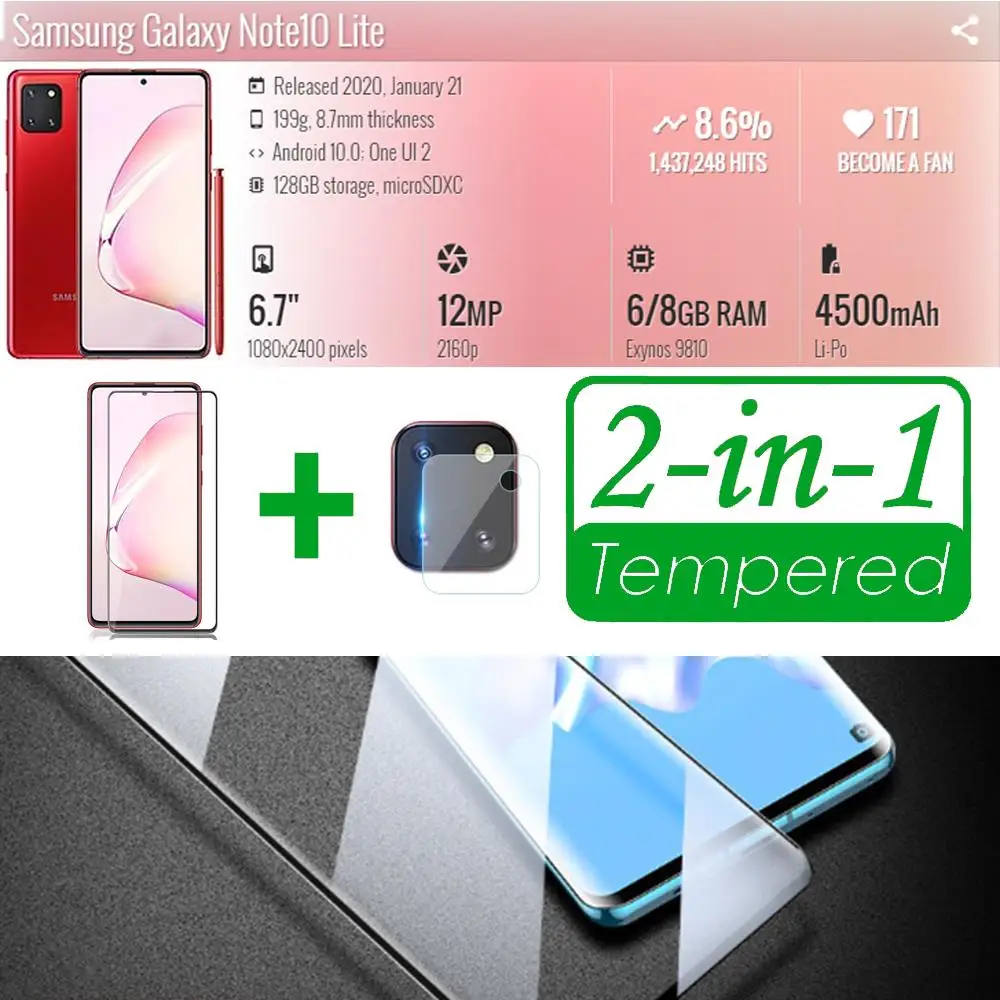 Защитное стекло для galaxy note 10 lite протектор экрана с объективом камеры samsung note10 Light