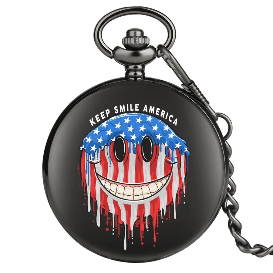 

Unique Keep Smile America Pattern Display Quartz Pocket Watch Chain USA Flag Clock Fob Chain Pocket Watches Gifts for Men Women