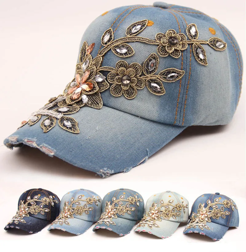 

Hand made flower patch rhinstone women baseball Cap spring summer Cowboy hat fashiable European style denim sun visor hat