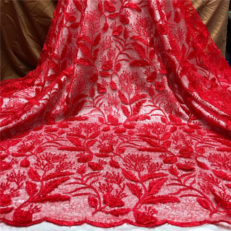 Африканская французская 3D кружевная ткань с листьями красная африканская
