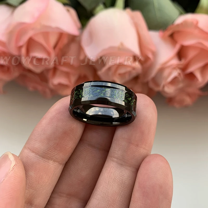 Мужские черные вольфрамовые Свадебные кольца с драконом зеленые из углеродного