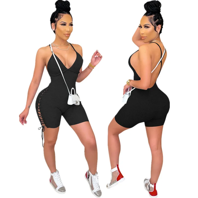 

SSEURAT Women Playsuit Solid Backless Elastic Strappy Playsuits Sexy Rompers One Piece Overalls Summer