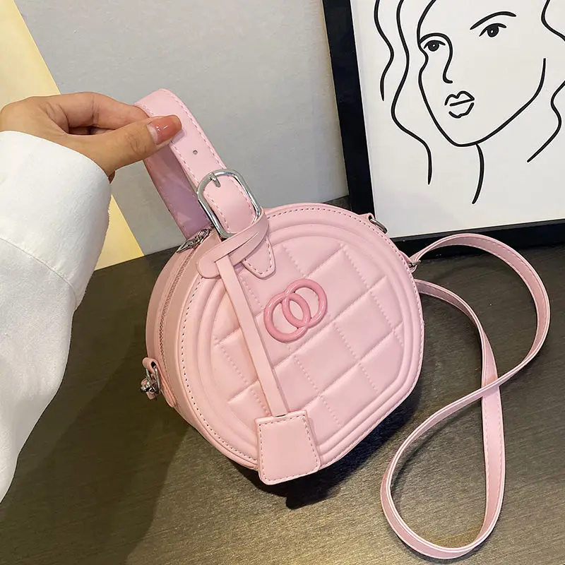 

Женская модная сумка через плечо, универсальная розовая портативная круглая сумка, модная женская Повседневная однотонная черная круглая ...