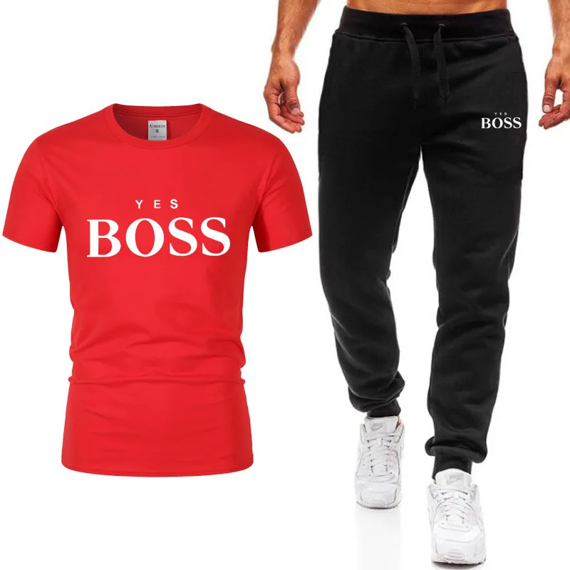 

New Hot Men T shirts+Pants 2 Pieces Sets Casual Tracksuit Basketball New Fashion Yes Boss Print Suits Sportwear Fitness Shirts