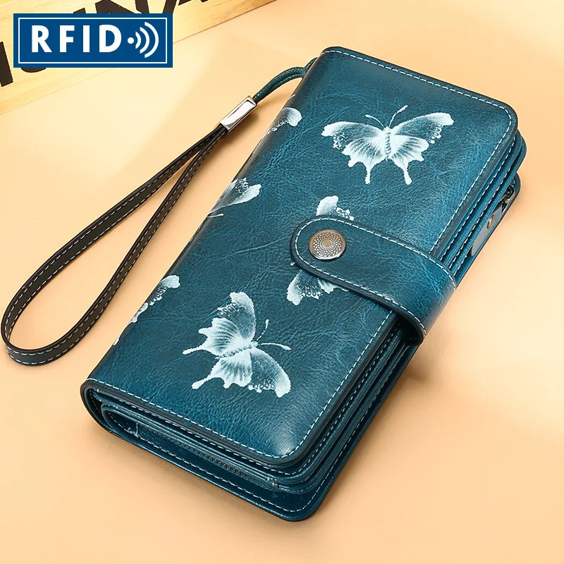 RFID новый мягкий кожаный женский кошелек длинный Модный с принтом масло воск