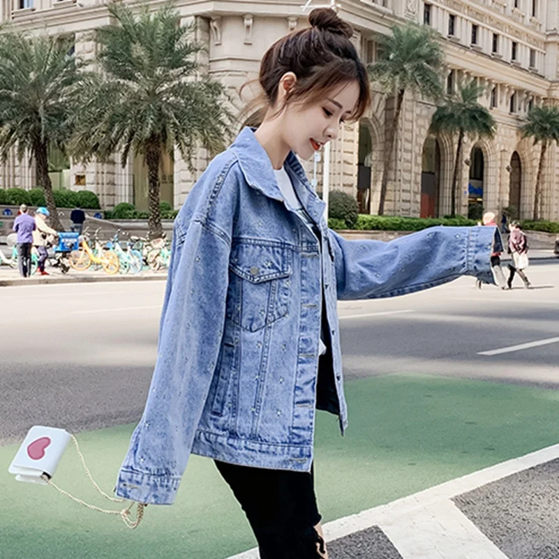 Женская джинсовая куртка свободная с вышивкой в виде звезд новинка весны 2021 |