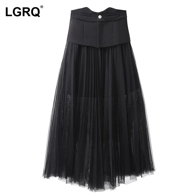 

[LGRQ] High Elastic Waist Half-body Black Casual Mesh Sequins Pleated Skirt Women Fashion Tide New Spring Summer 2021 19D783