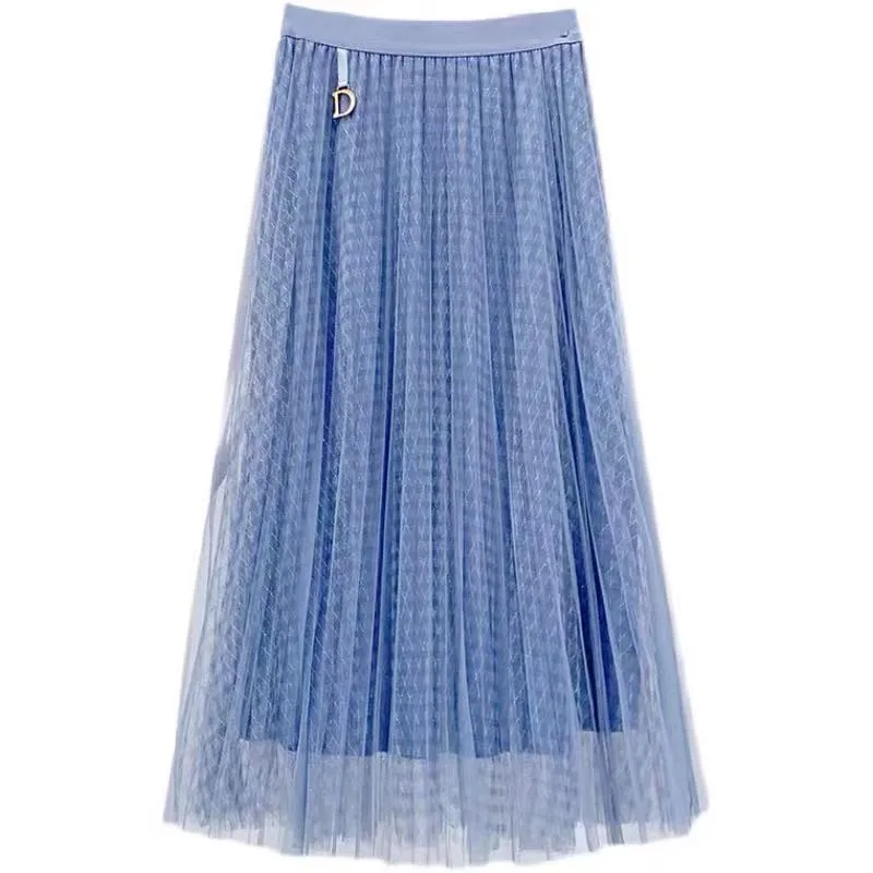 

Guilantu Spring Summer Mesh Tulle Office Long Skirt Women Fashion Elastic High Waisted Casual Vintage A Line Pleated Skirts