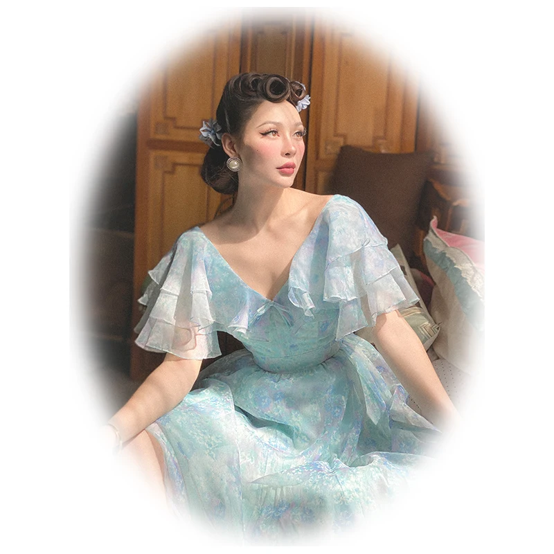 

Le Palais Vintage 2020 New 50's Classic Vintage Floral Fluffy Ruffle Dress Knee-Length A-Line Butterfly Sleeve Dresses Women