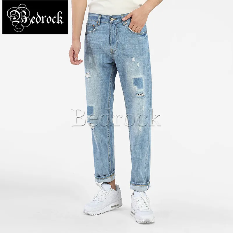 MBBCAR 11oz selvedge jeans, тонкие светло-голубые джинсы с отверстиями, мужские бриллиантовые укороченные брюки, облегающие брюки-карандаш 7317