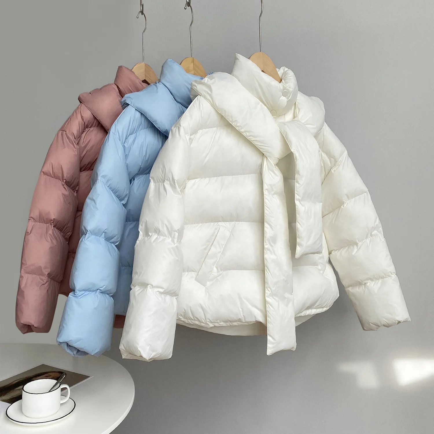 

Zoulv 2020 Winter Hooded Solid Color New Cotton, Pink, Blue and White Personality Coat with Down Scarf Elegant Women Fluffy Coat